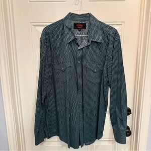 Rock and Roll western shirt with pearl snaps.  Teal Geometric Button Down Shirt